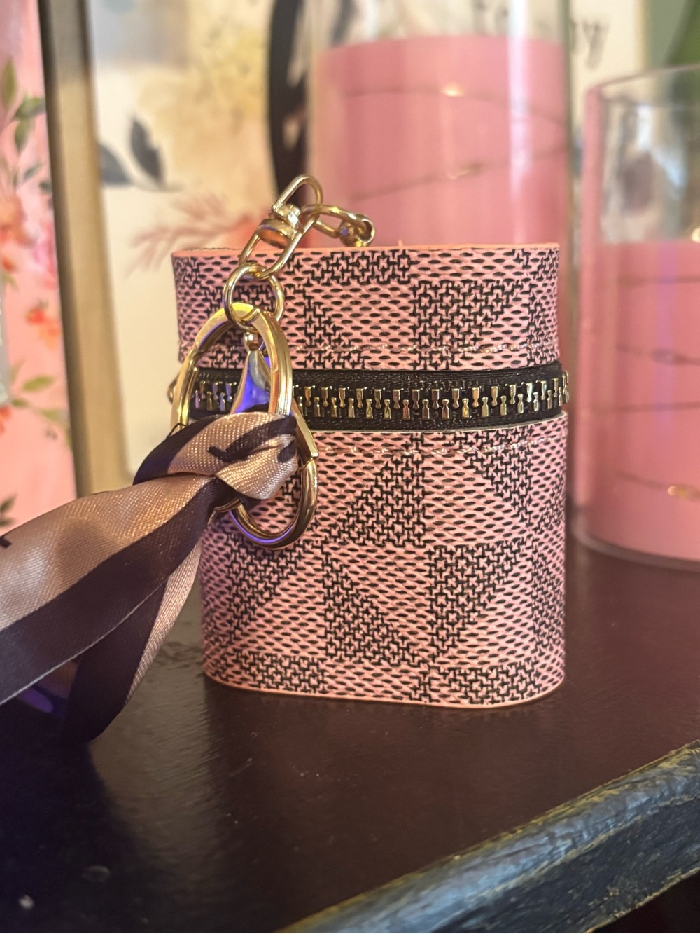 Pink Patterned Keychain Pouch with Gold Hardware